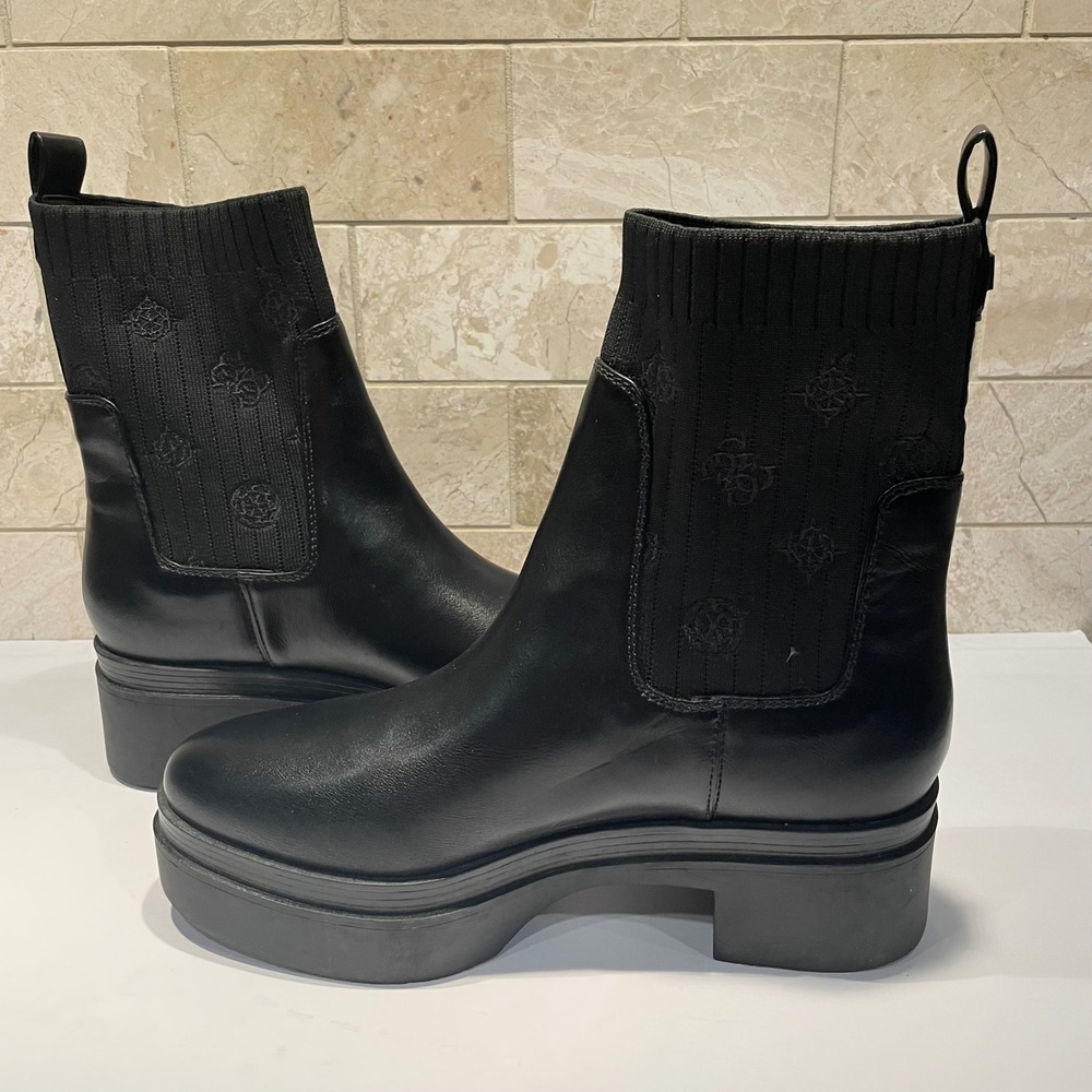 Guess KEANNA Black Leather Platform Chelsea Ankle Boots Women 9M G-Logo Knit NEW